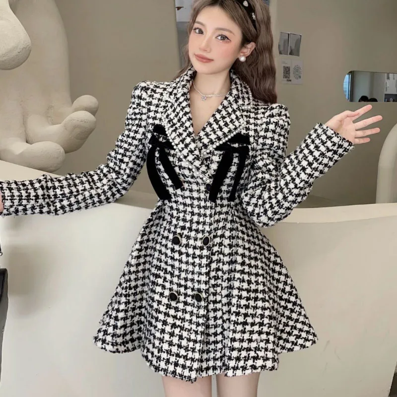 Autumn Winter 2025 New Houndstooth Coat Women\'s Overcoat Fashion Slim Sweet Double-Breasted Woolen Jacket Princess Suit Skirt