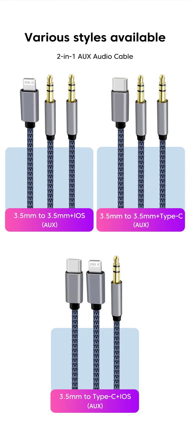 2-in-1 Aux-Audiokabel Typ C/Lightning auf 3,5-mm-Klinkenkabel für Auto-Kopfhörer, Telefon, USB-C, iOS zu 3,5-mm-Aux-Konverter-Klinkenkabel – Detail 7