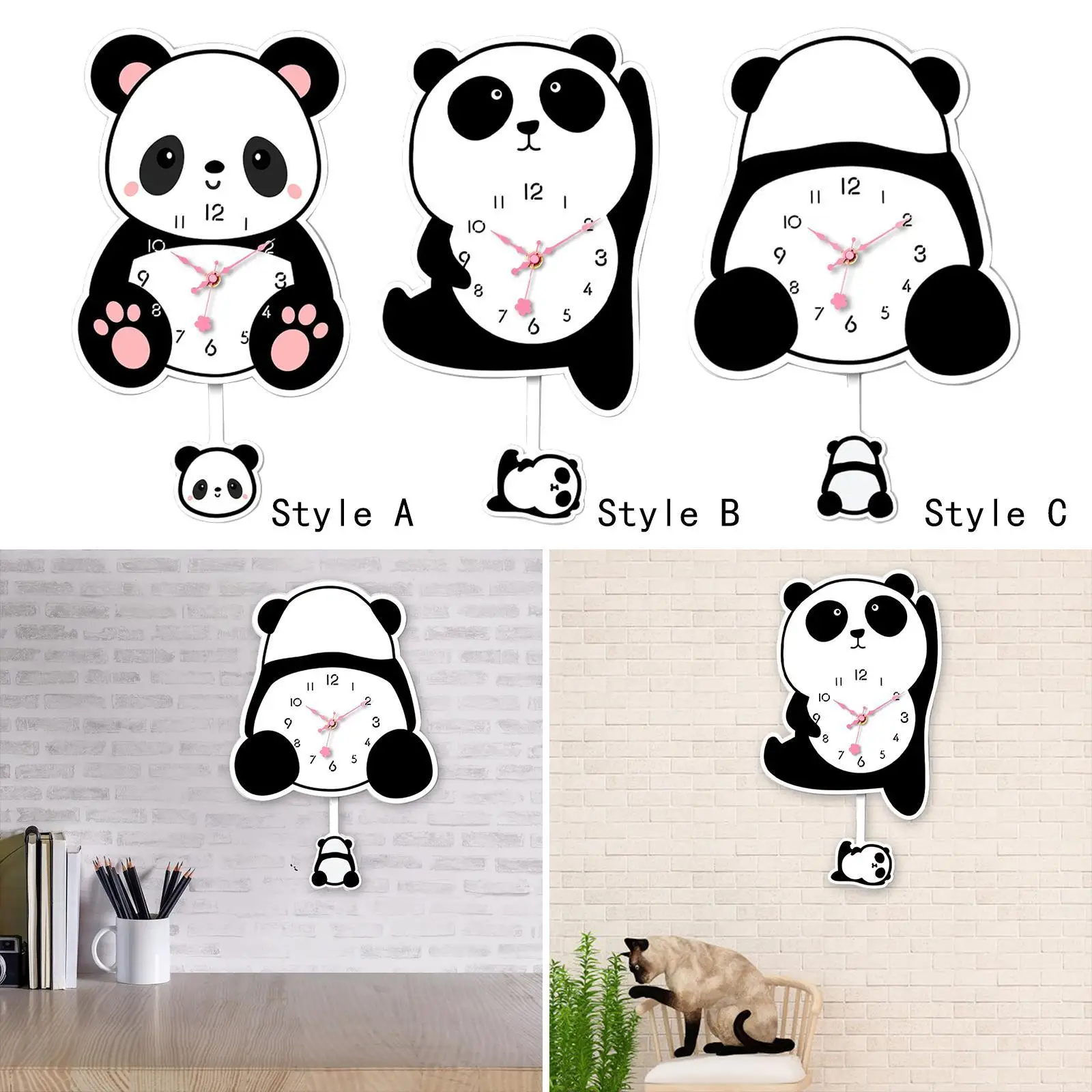 Panda Pendulum Wall Clock, Wall Ornament, Cute Cartoon, Modern, Stylish, Silent,