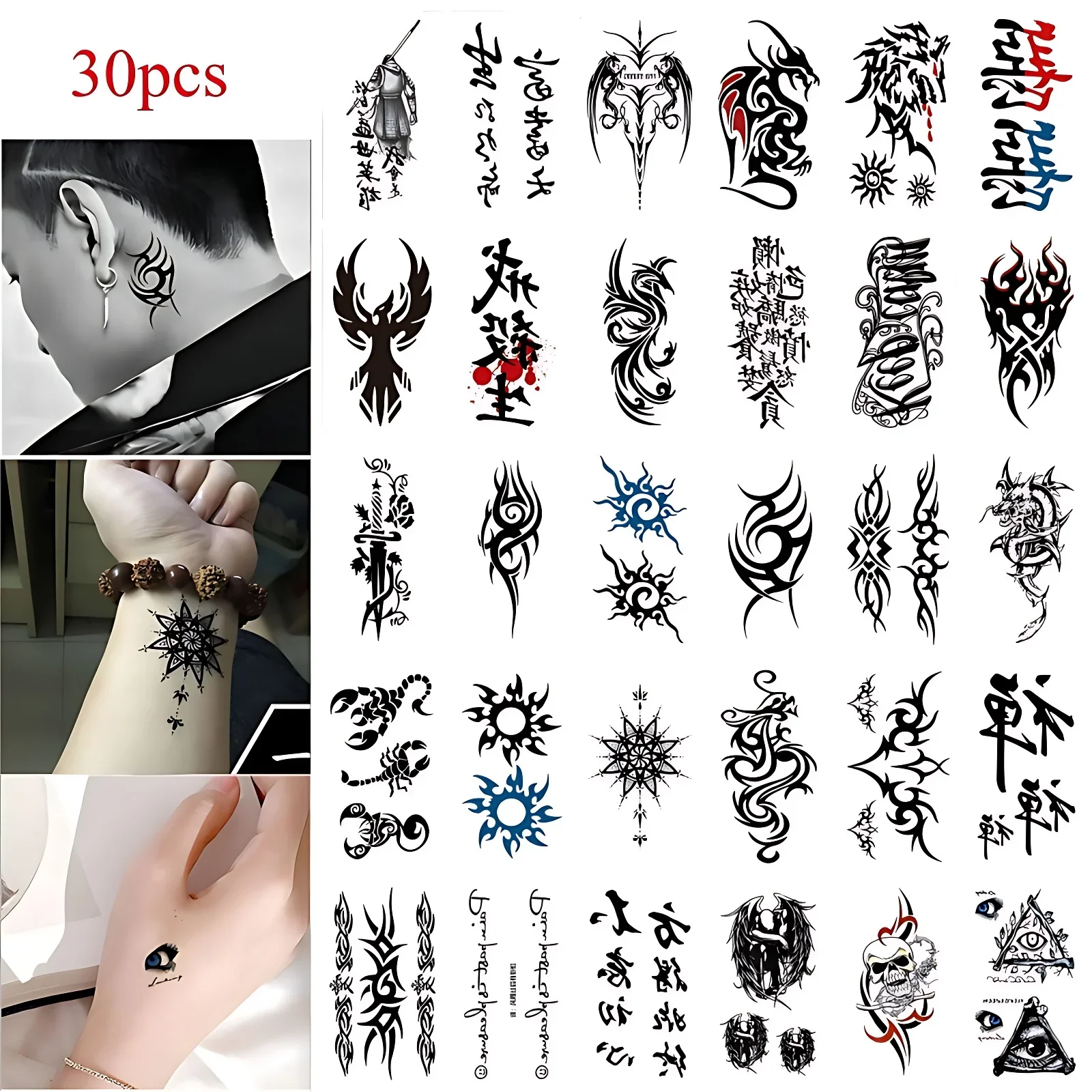 30pcs/set Cool Fake Temporary Tattoos for Men Boys Chinese Letters Totem Sword Scorpion Dragon Long Lasting Waterproof Tattoos