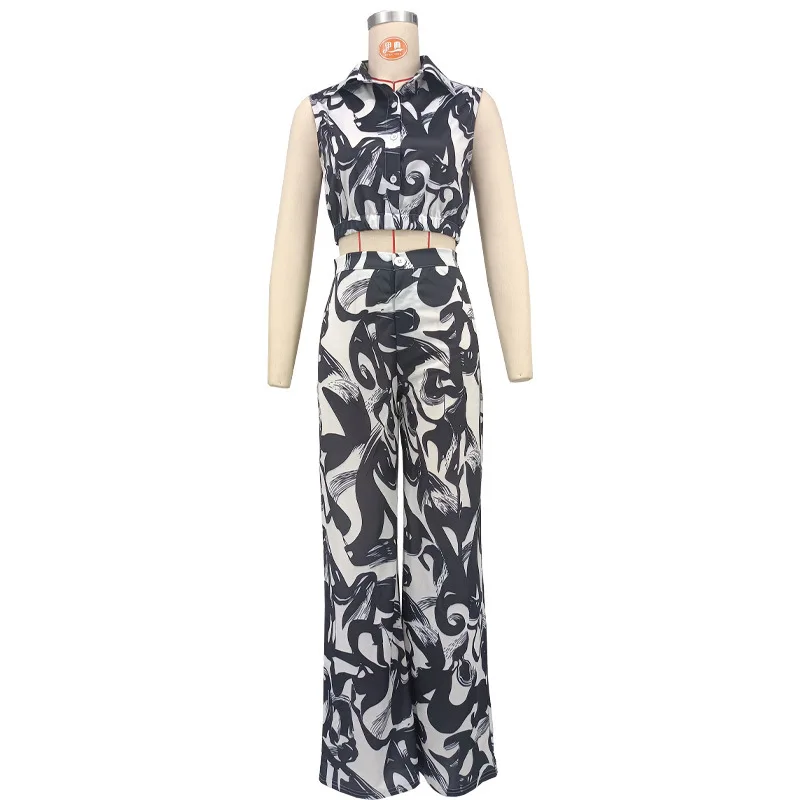 투피스 여성 팬츠 세트 프린트 세트 턴다운 칼라 민소매 숏탑 하이웨이스트 풀렌스 와이드 레그 팬츠 캐주얼 2025 여름