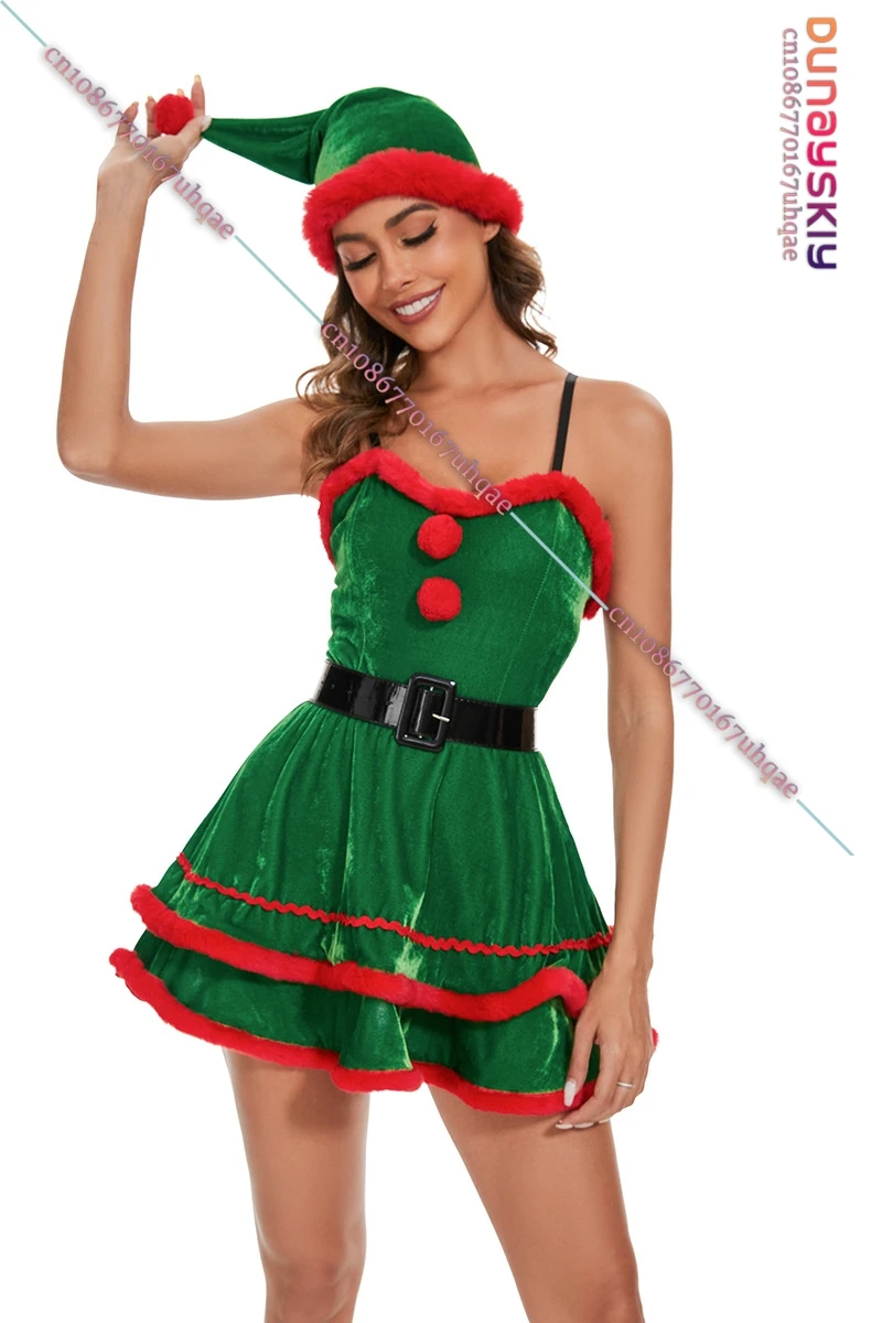 2025 New Arrive Christmas Theme Party Warm Velvet Dress Santa Claus Cosplay Costume Xmas Snowman Green Elf Fancy Dress