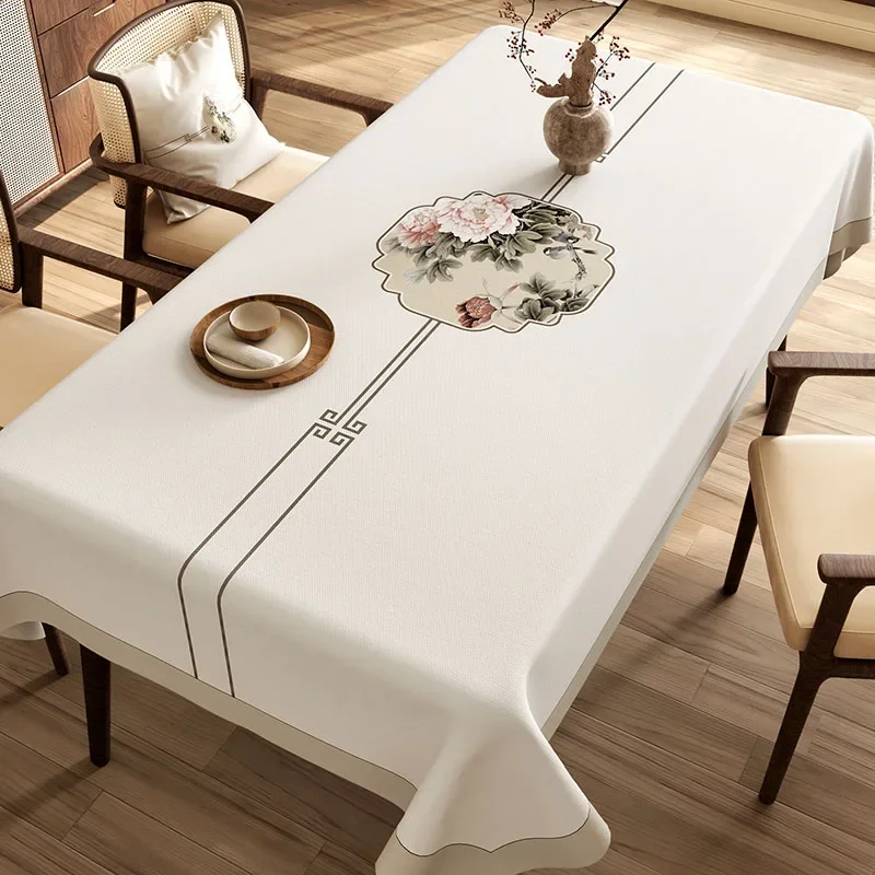 New Chinese Printed Pvc Tablecloth Rectangular Waterproof Dust Cover for Dining Table Anti-Scratch Table Cover for Wedding Party