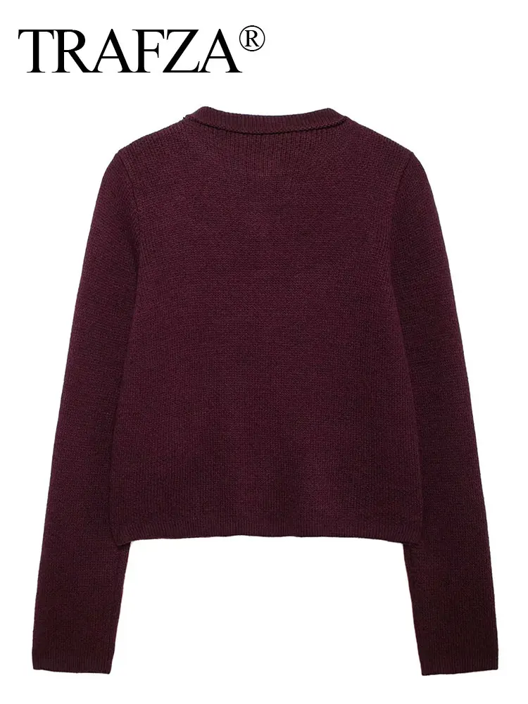 TRAFZA Autumn Women Fashion Burgundy Red Sweater Knitted O-Neck Long Sleeves Slim Single Breasted Cardigan Vintage Woman Top