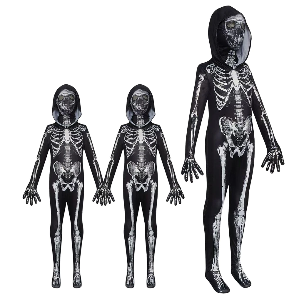 Costume da scheletro di Halloween Tuta da zombie Fantasma Abbigliamento Tuta Maschera Bambini Spaventoso Vestito operato Festa a tema Carnevale Vestito cosplay