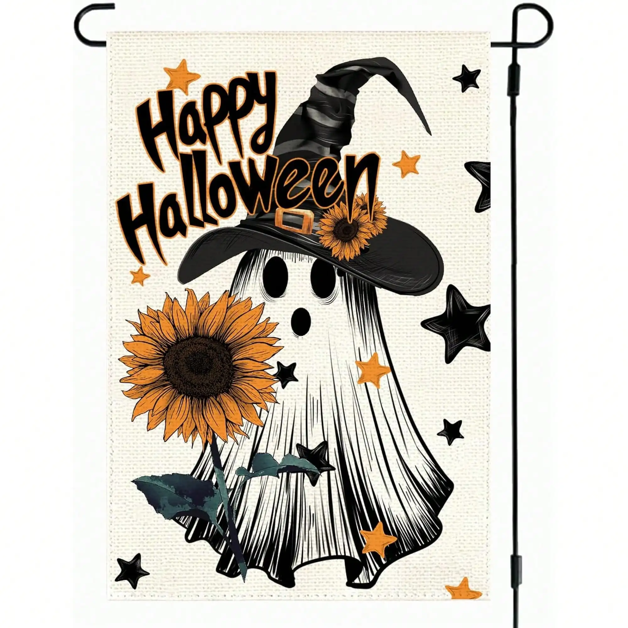 Happy Halloween Witch Hat Ghost Sunflower Garden Flag, Seasonal Yard Decor, Double-Sided Print, 11.8x17.7
