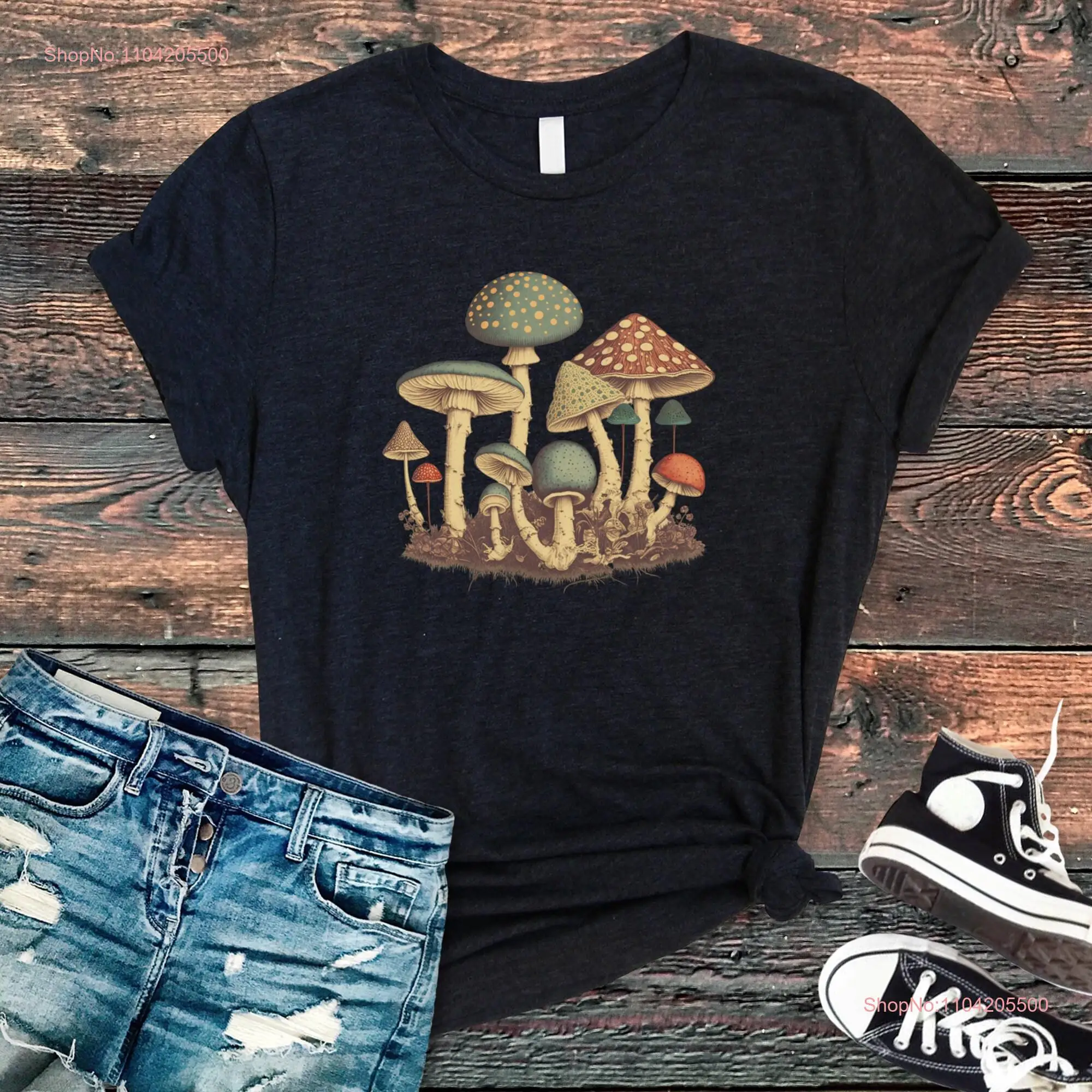 Vintage cottagecore Mushroom arT T Shirt Aesthetic Magic Botanical Fungus long or short sleeves