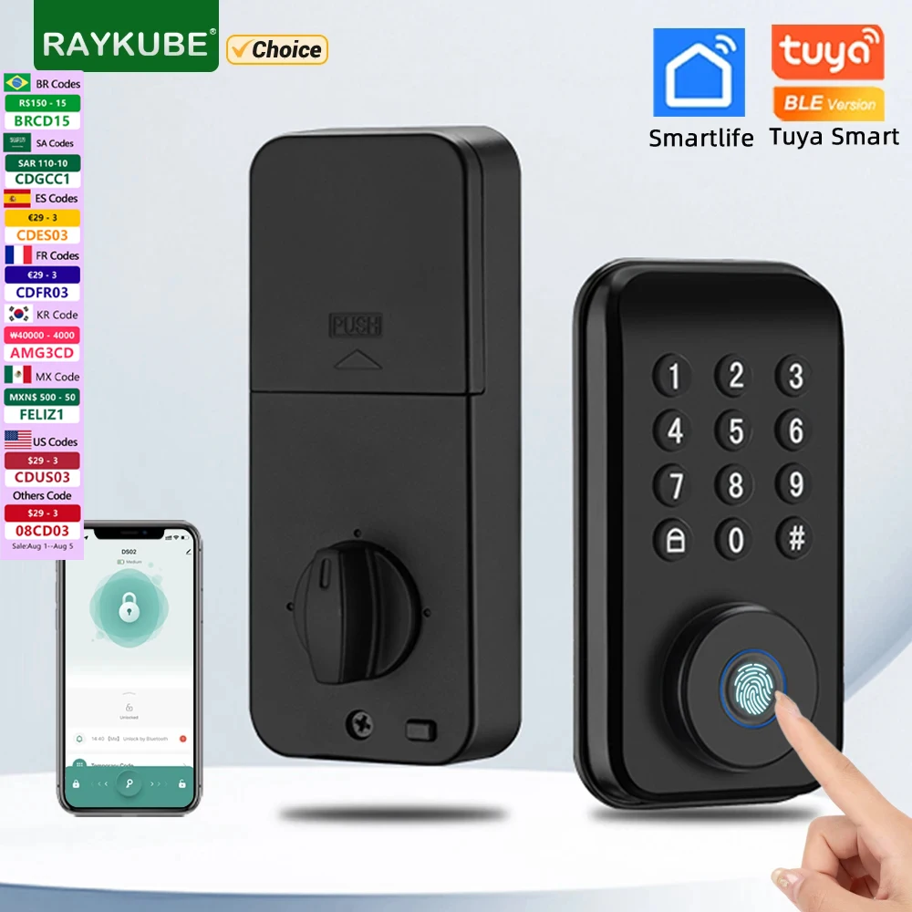 RAYKUBE DS02 Tuya Smart Fingerprint Deadbolt Lock with Latch/Door Sensor Auto Lock Key/Password/ Tuya Smartlife APP Unlock