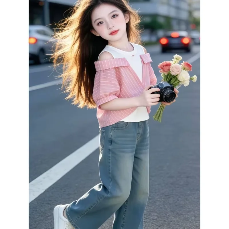 Girls Striped T-Shirt Summer New Off Shoulder Two-Piece Top Kids Fashion Casual Loose Blouse
