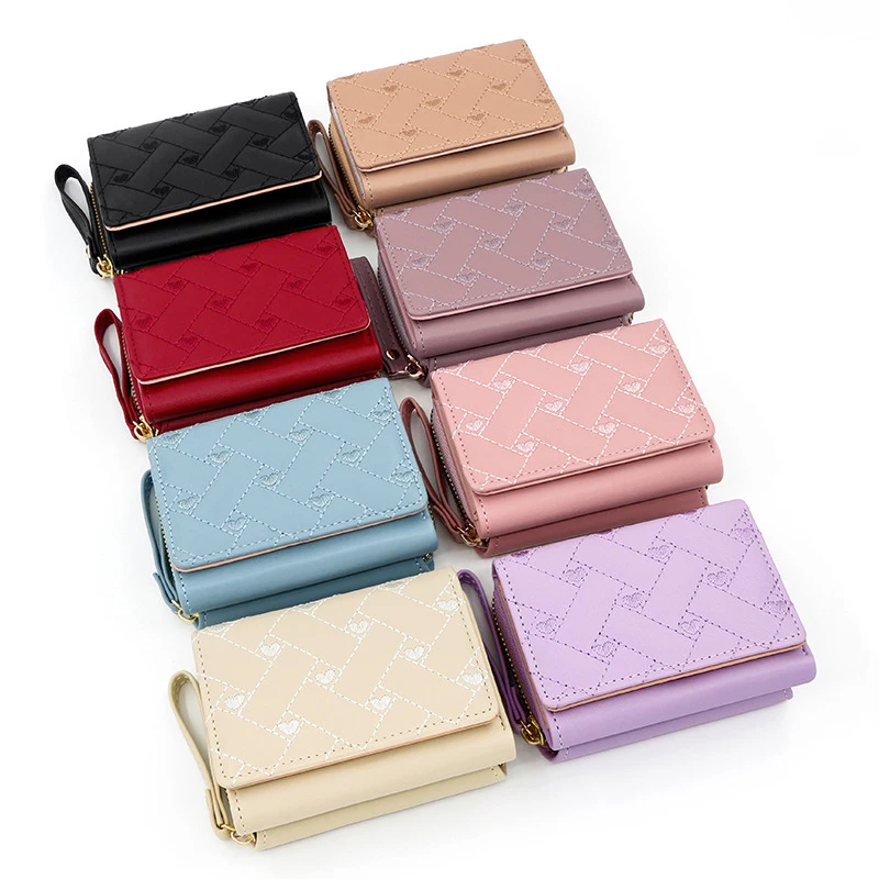 Embroidered Heart Pattern Coin Purse Women PU Short Wallet With Multi-card Position Lady Solid Color Tri-fold Zipper Money Bag