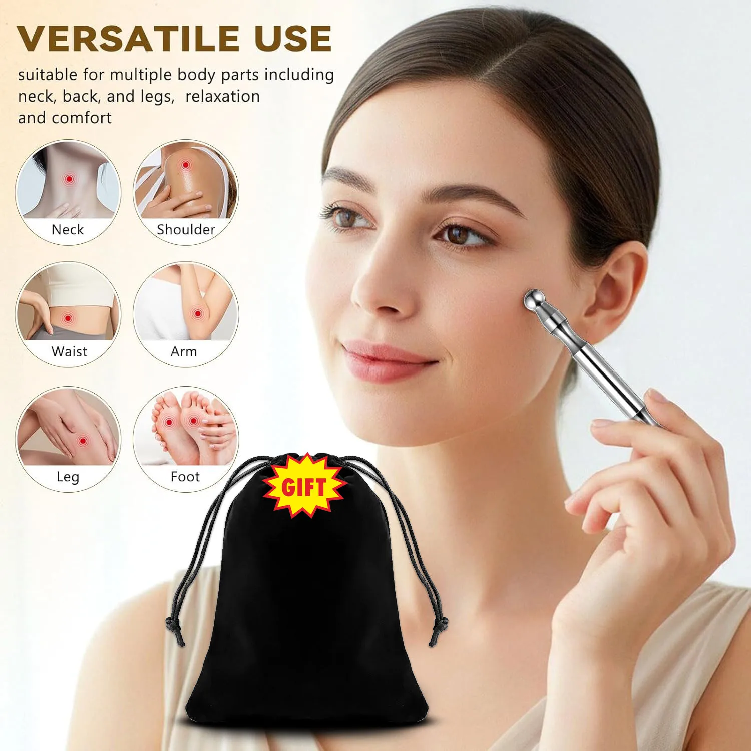 

Акупунктурная ручка-массажер из нержавеющей стали с двойной головкой для глубокого массажа тканей, рефлексологии лица и акупрессуры для массажа меридианов всего тела