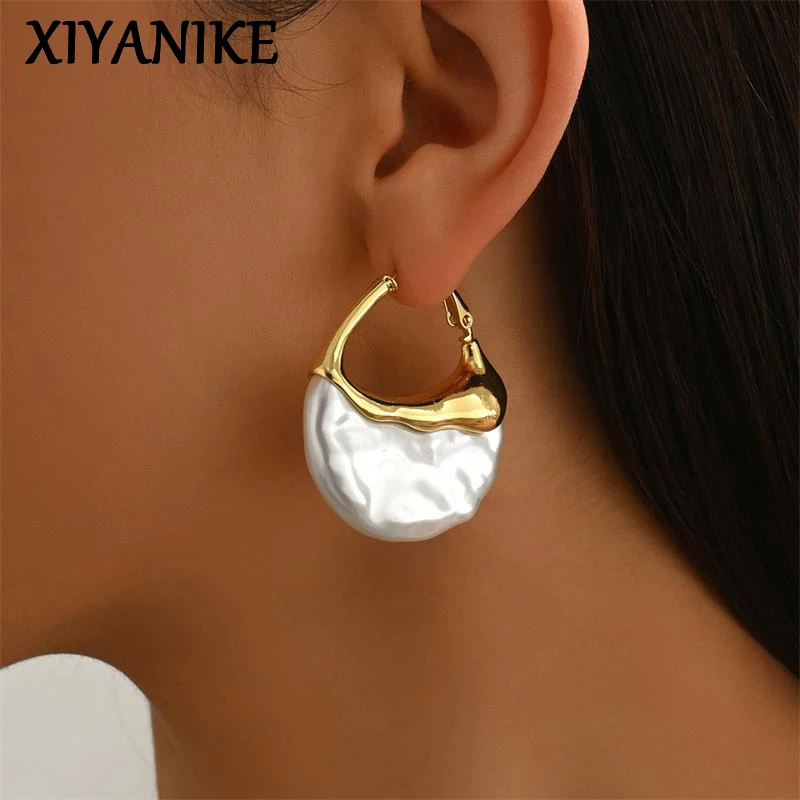 XIYANIKE French Geometric Metallic Pearl Hoop Earrings For Women Vintage Fashion New Jewelry Gift Party Daily серьги женские