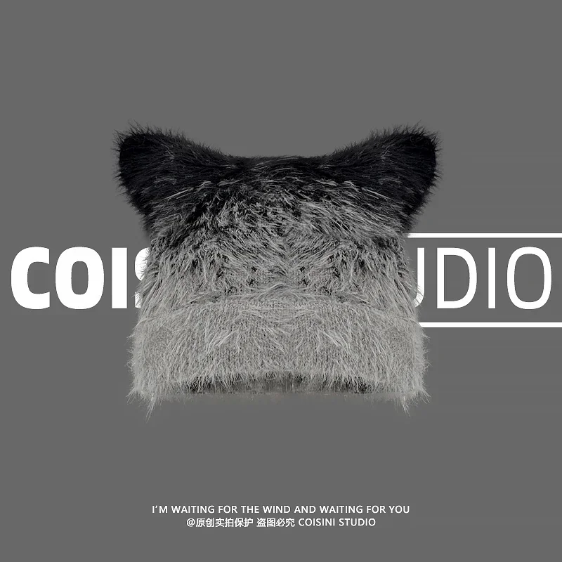 

Y2K Autumn Winter Leisure Warm Personality Cat Ear Design Knitted Hats Women Fashion Gradual Change Color Pullover Beanies Cap