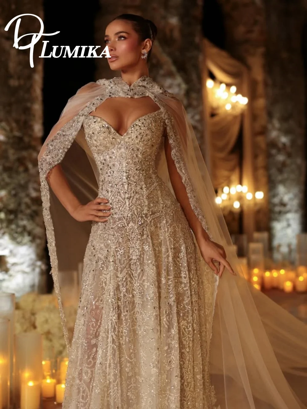 

Dazzling Crystal Beaded A-Line Wedding Dress 2026 Romantic Sweetheart Neck Embellished Cape Sheer Bridal Gown Vestidos De Novia