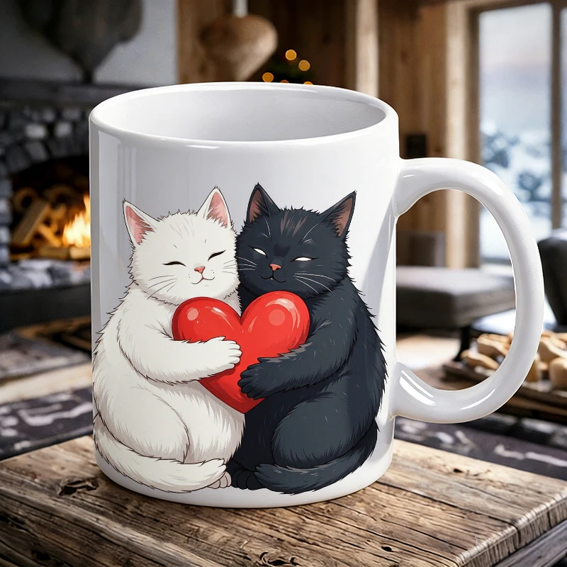

Couple Black and White Cat Love Mug, Cute Kitten Holding Heart Ceramic Cup,Milk Cup,Office Tea Cup, Drinking Cup,Gift for Friend