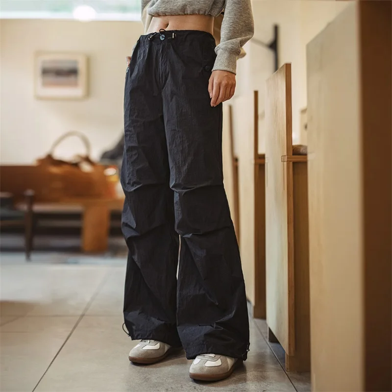 

Maden Pleated Black Parachute Pants Women's Spring and Summer Wide Leg Drawstring Versatile Trousers Casual Dance Pants