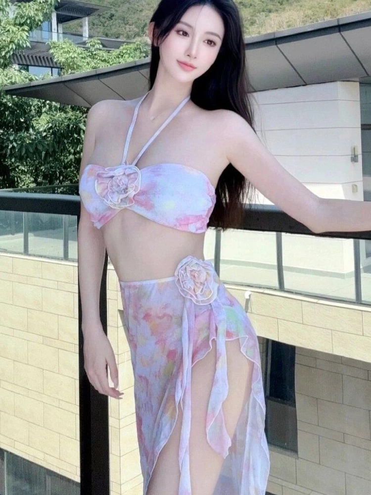 Sexy Bikini Summer Beach Women\'s Swimwear Hanging Neck Three Piece High Waist Printed New 2024 Fashion Latest Models Separates