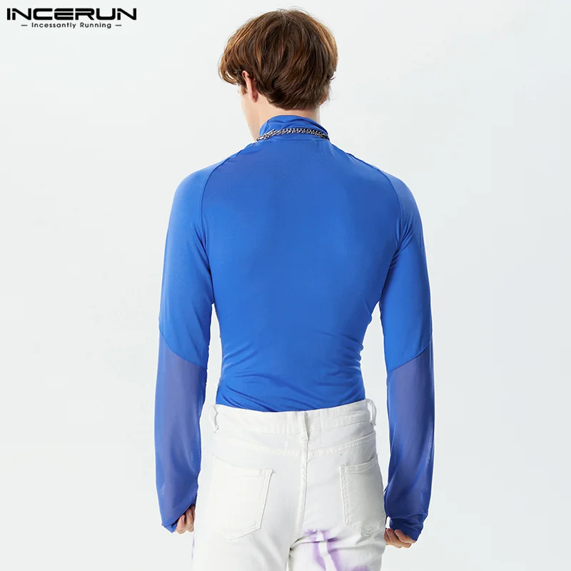 Men\'s Bodysuits Mesh Patchwork Shiny Turtleneck Long Sleeve Skinny Male Rompers Transparent 2024 Fashion Bodysuit S-3XL INCERUN