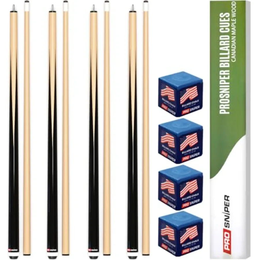 

Premium Pool Sticks Set of 4 58-Inch 19-Oz Canadian Maple Pool Cue with Low-Deflection Shaft and 4 Extra Chalks Pro-Grade Billi