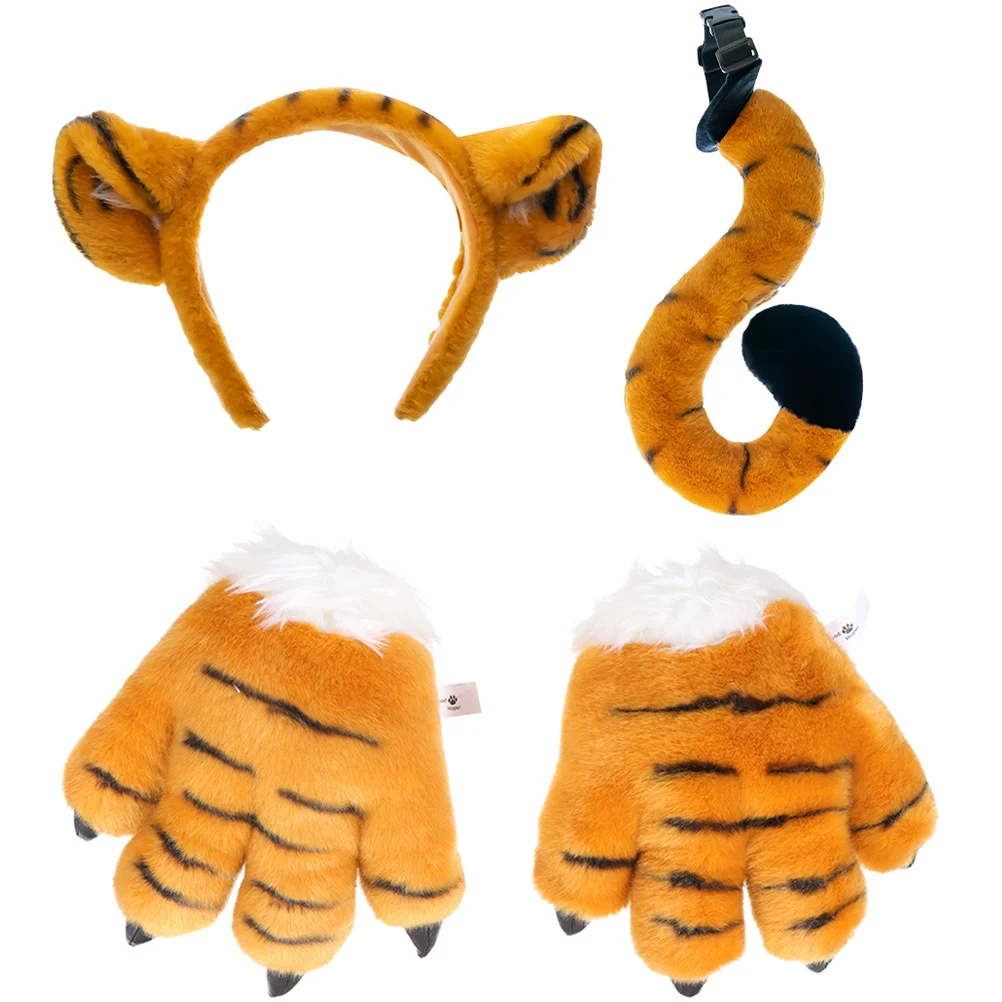 1Set Tiger Cosplay Props Tiger Ears Headband Paw Gloves Tail Costume for Kids Party Birthday Cosplay Outfit Accessory