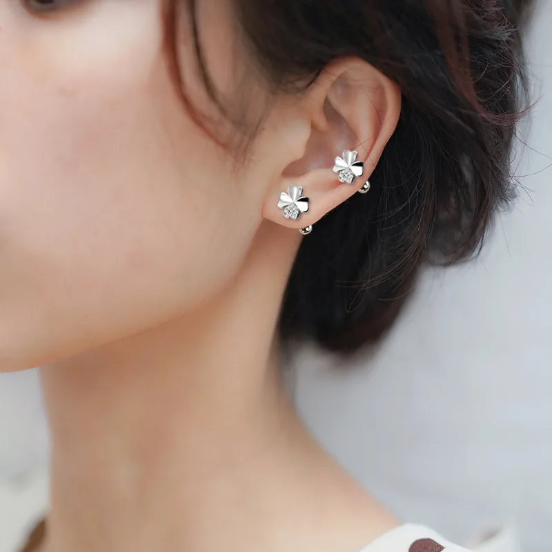 Fashion Hollow Zirconia Clover Earrings for Women Girls Small Exquisite Silver Color Daily Ear Piercing Jewelry Gifts