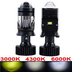 H4 LED Projector 3000K+4300K+6000K Headlight Bulbs Bi LED Lens Mini Projector Laser Y3S Triple Color Hi/Low Beam 120W Turbo Fan