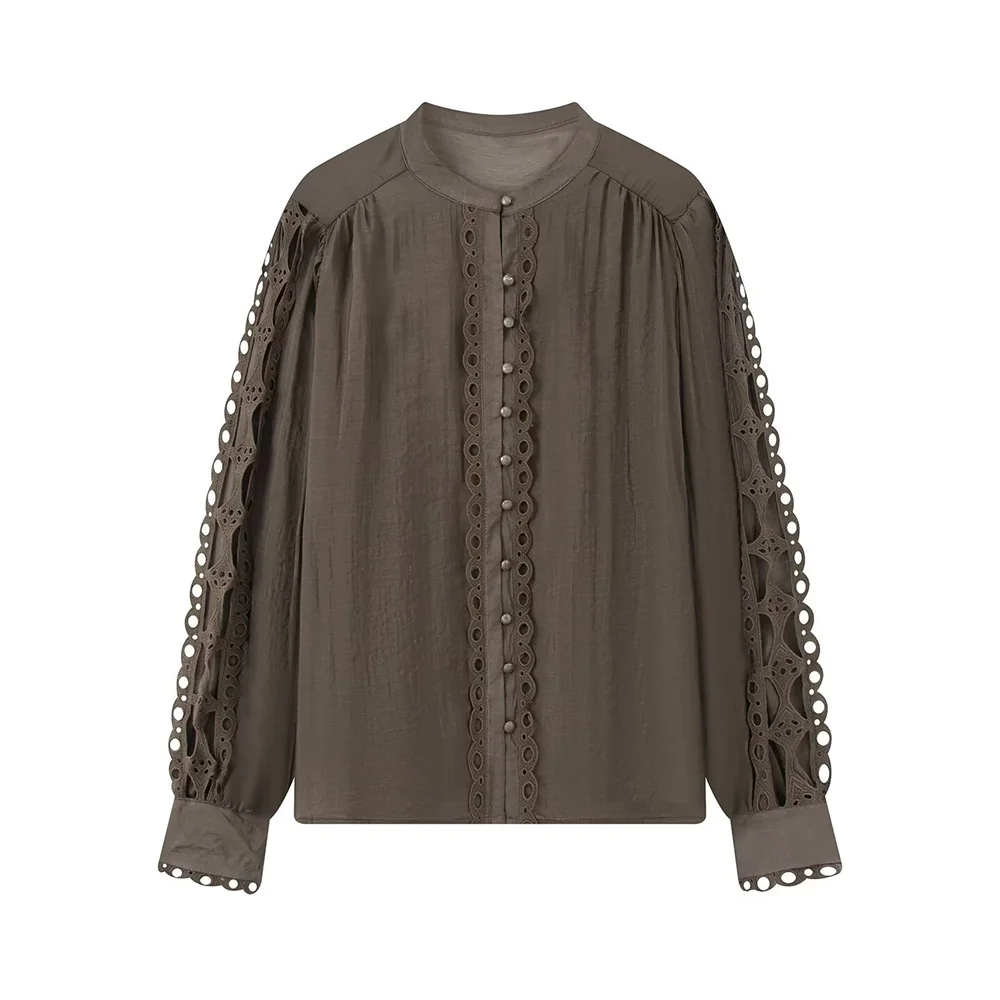 Autunno nuovo abbigliamento da donna in stile europeo e americano moda semplice e versatile top con bordi in pizzo tinta unita