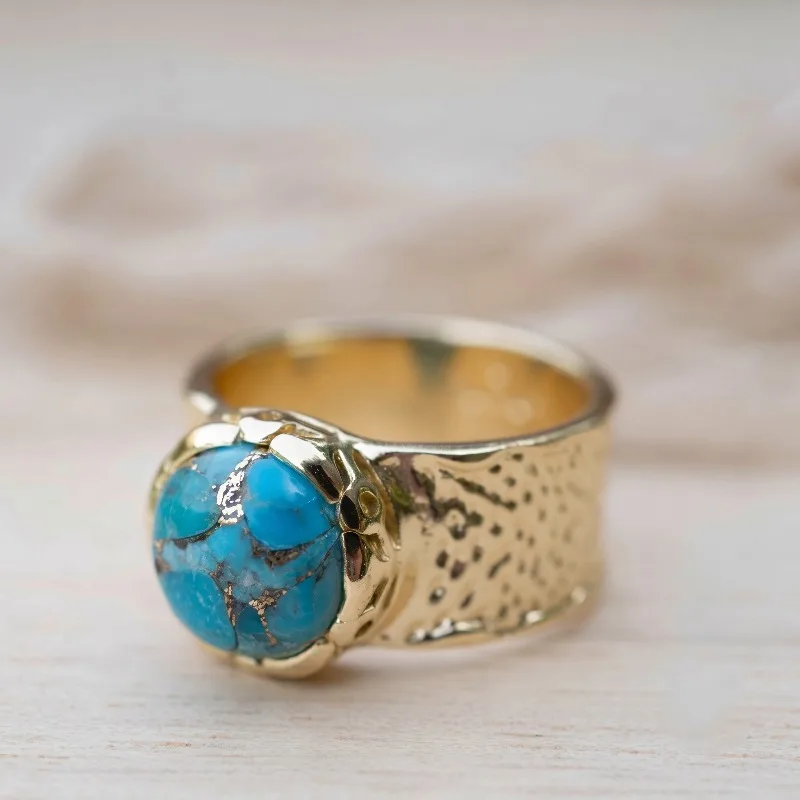 Vintage-Ring mit eingelegtem Imitations-Türkis für Damen, trendige goldene Farbe, geometrisches Design, für den täglichen Gebrauch, Partyschmuck, Jubiläumsgeschenk