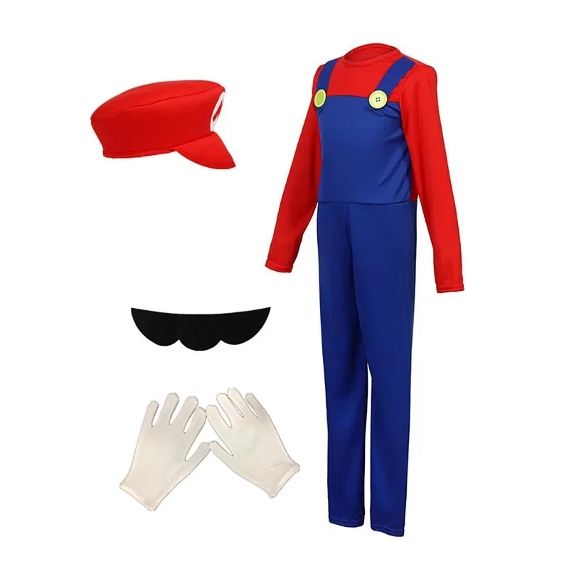 Child Super Mari Bros Cosplay Costumes Kids Anime Fantasy Romper Boy Girl Halloween Party Long Sleeve Dress Hat Costume