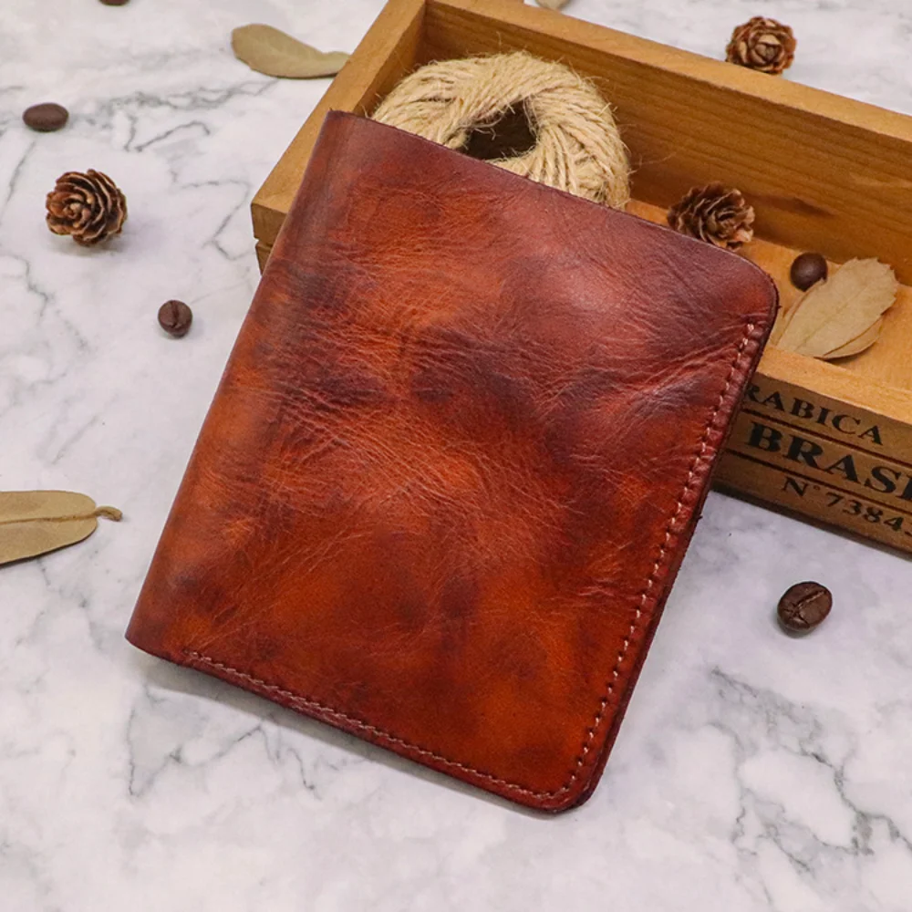 First-Layer Cowhide Wallet with Multiple Card Slots Vegetable-Tanned Leather Wallet Pleated Retro Vertical Mini Wallet