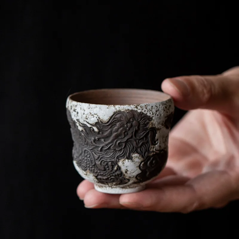 70ml Gourd Cup Japanese Old Rock Clay Powder Ceramic Tea Cup Handmade Relief Creative Personal Master Single Coarse Pottery