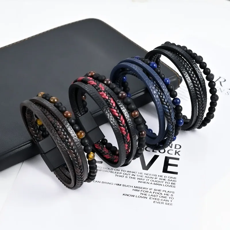 내셔널 스타일 가죽 직조 팔찌 남성 클래식 패션 호안석 비즈 다층 가죽 팔찌 남성 펑크 쥬얼리