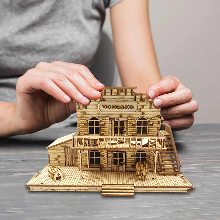 لغز OUZEY Desert Oasis House ثلاثي الأبعاد، نموذج تراجع البرية الخشبية، بيت الدمية على شكل كابينة العزلة DIY للبالغين #3