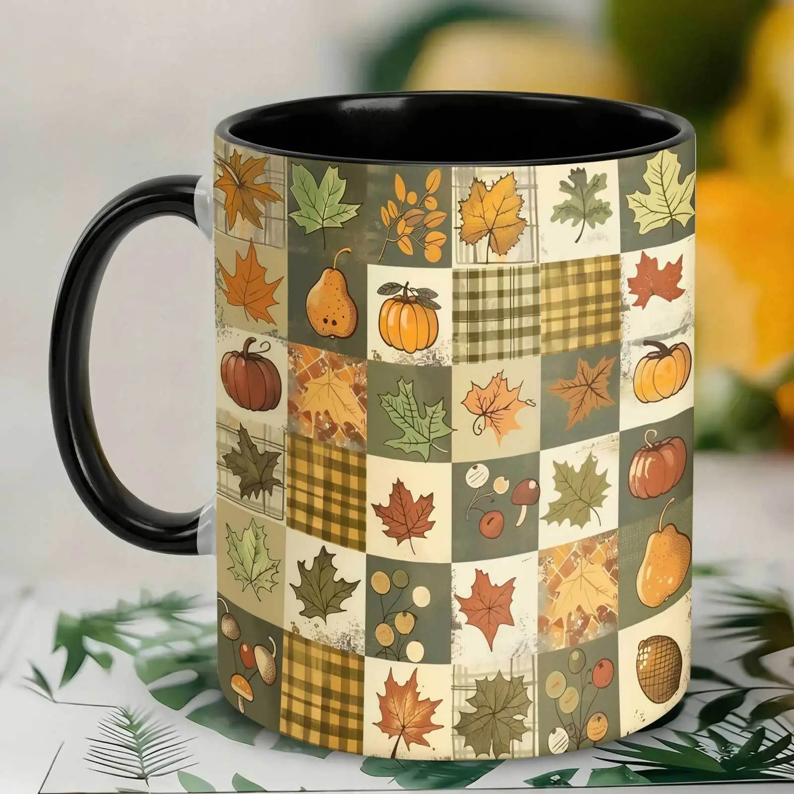 1pc Fall Harvest Pumpkin Leaf Ceramic Mug with Rustic Plaid Patchwork Design - 11oz Cup Suitable for Home, Office, Kitchen, Thanksgiving Gifts for Men, Women, Friends, for Hot/ Beverages, Local Warehouse Fast Delivery