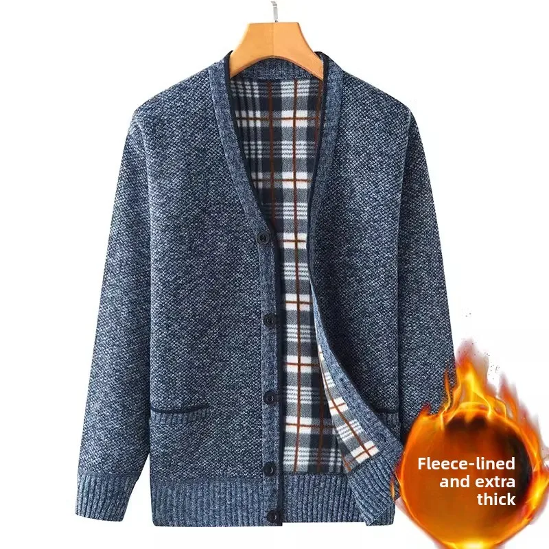 

Men's Fce Lined Thiened Long Sve V-Ne Knitted Cardigan Casual Warm Outerwear for Middle-Aged And ly
