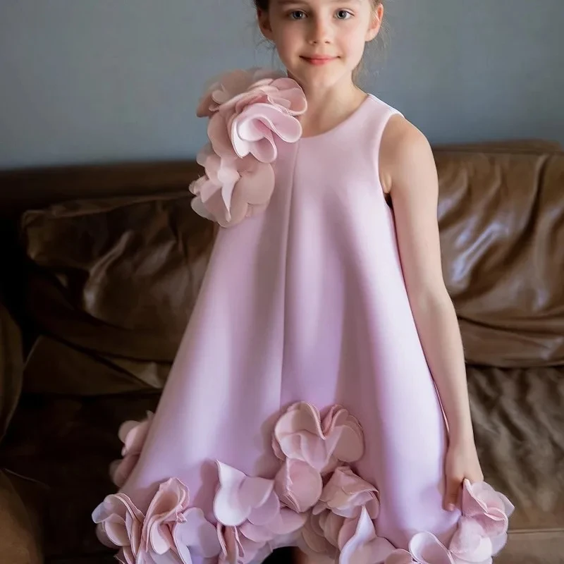 Vestido de princesa para niña, Vestido de cumpleaños, boda, fiesta, desfile, ropa de bebé de 1 a 12 años, Vestido de flores 3D, niño pequeño, elegante, sólido