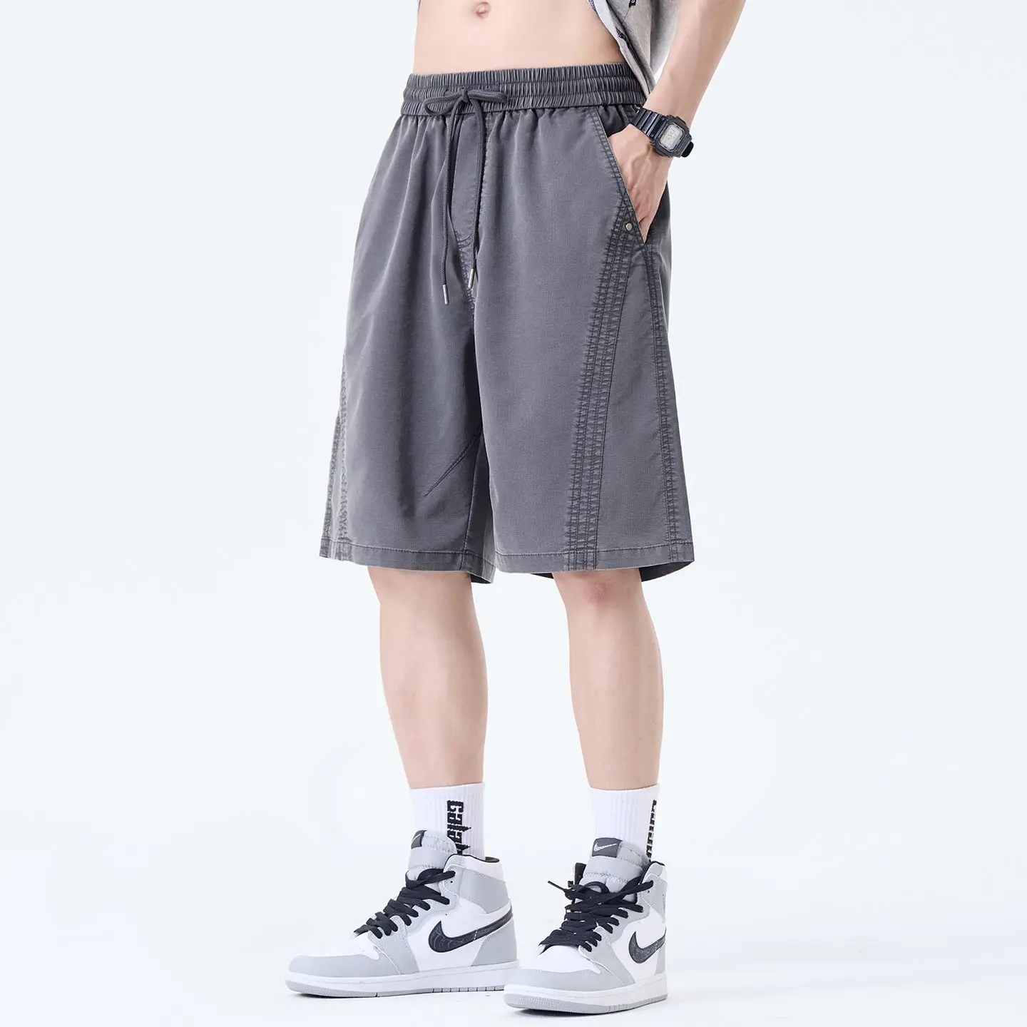 Quick Dry Outdoor Men's Shorts Summer Thin Drawstring Casual Sports Beach Pants Loose Five-Quarter Length Straight Cut Style