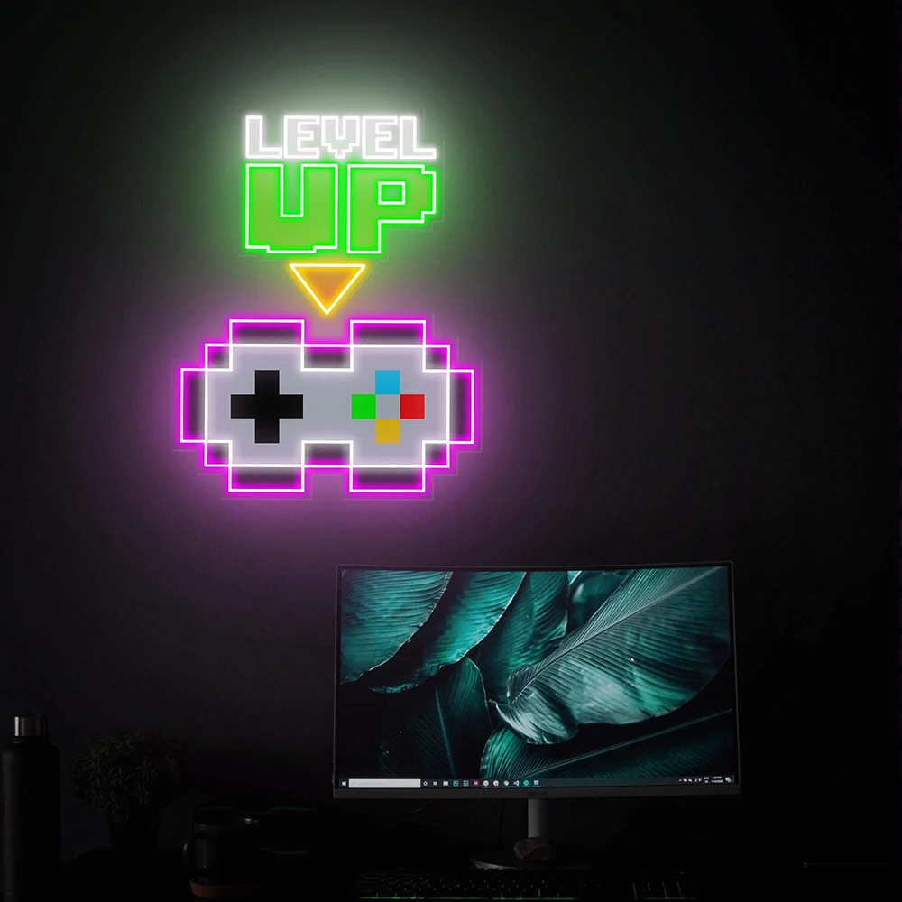 Level Up UV Printed Neon Sign Custom Game Zone Neon Sign Gaming Room Kids Room Decor LED Neon Light Wall Art Decor Gamer Gifts