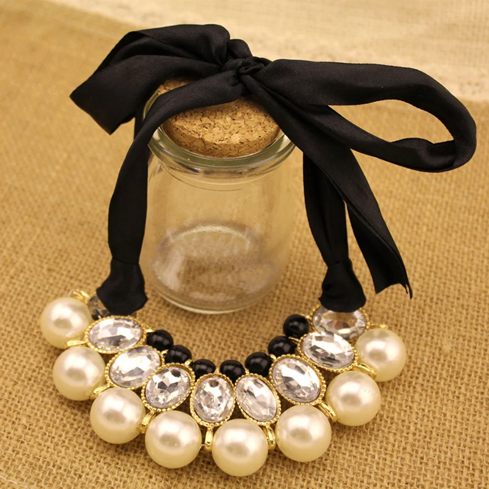 

Women Girls Ribbon Pearl Necklace False Collar Choker White Big Acrylic Gems Pendant Elegant Fashion Accessory