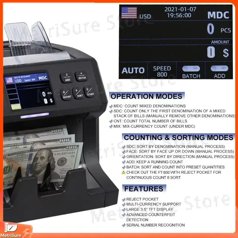 2026 Full Function Hybrid Currency Counter with Vacuum Feeding UV MG IR Detection 15 Currencies Bill Counter for Cash
