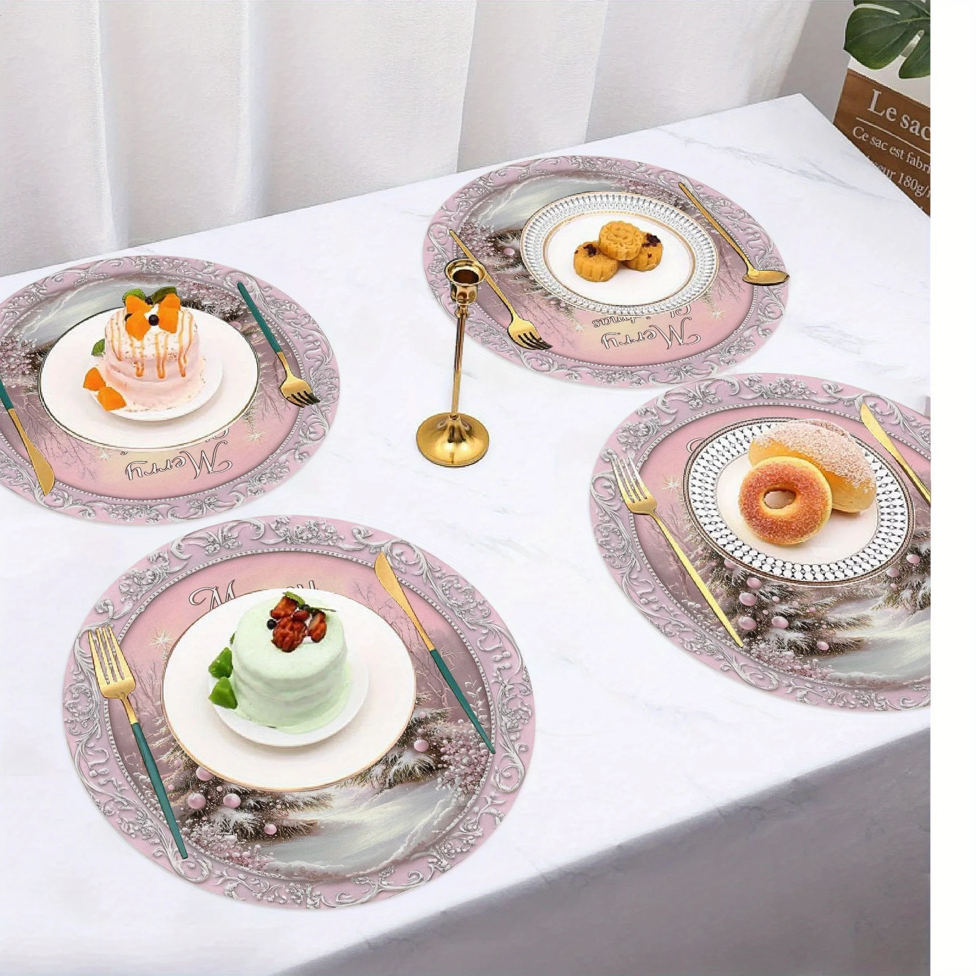 VIKAMA4PC Pink Snow Scene Christmas Placemats Holiday Gathering Home Dining Table Decor Accessories Party Decorations