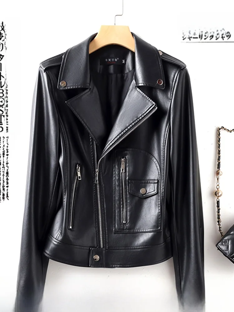 ファッショナブルな本革ジャケット女性用オートバイ用シープスキンコートスタンドカラージッパー開閉スリムフィットデザイン