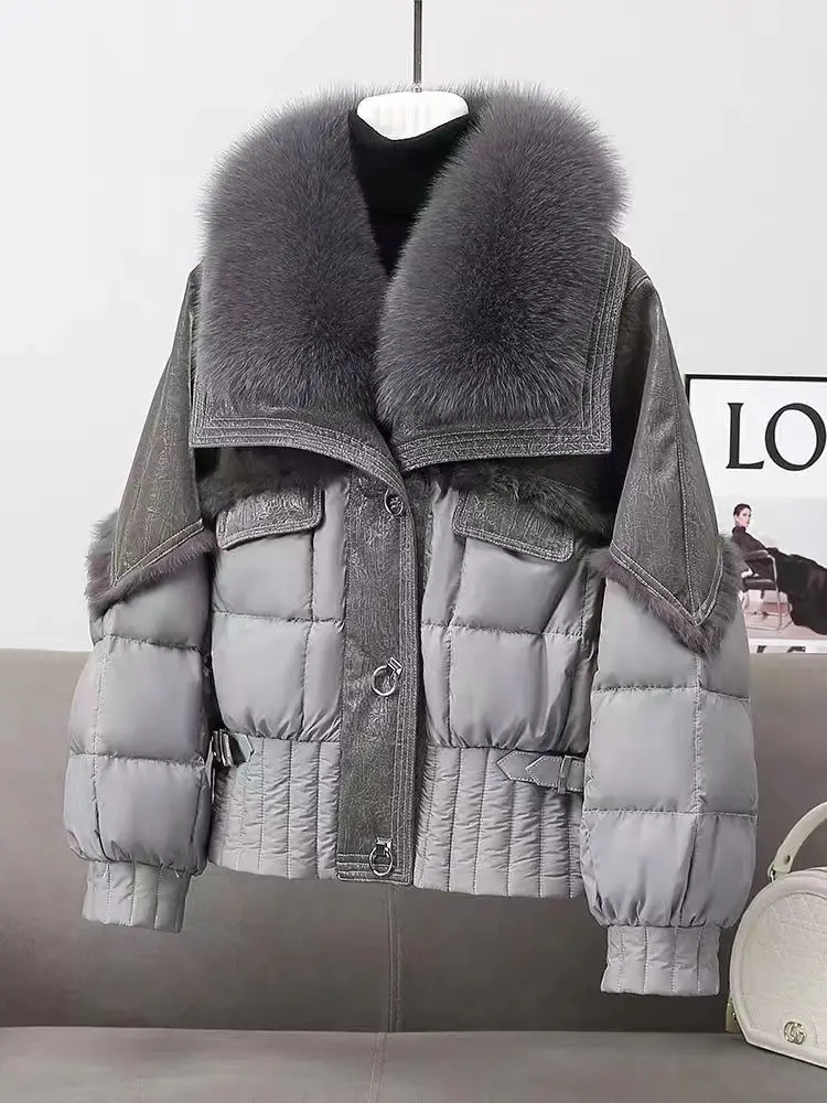 

Hot selling new high-end fur one-piece fur warm down jacket women's short waist slimming goose down jacket fox fur collar