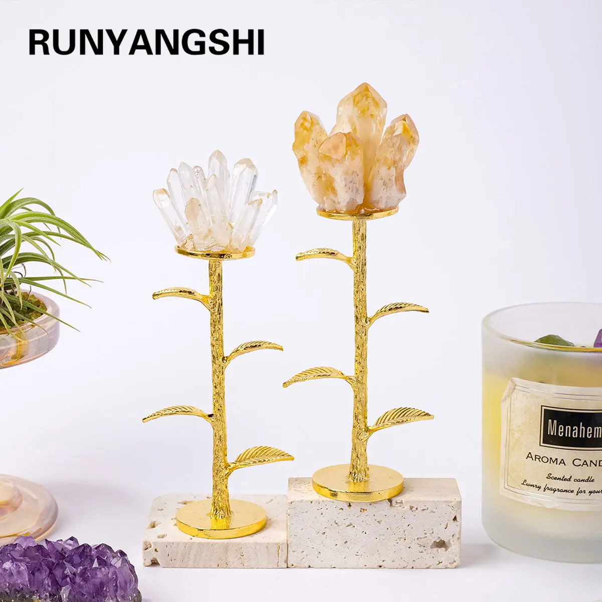 1PC Natural Citrine Gemstone Cluster with Gold Metal Base Healing Crystal Desktop Decoration DIY Flower Design for Home