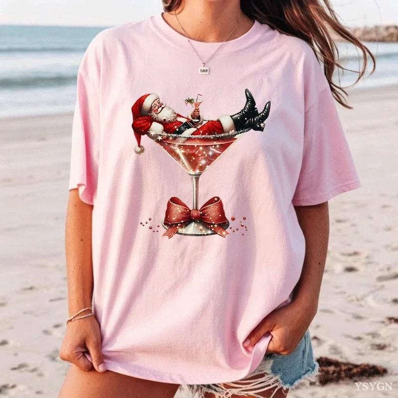 Ladies Long Sleeve Sweatshirt Christmas Santa Cocktail Glass Graphic Print Crew Neck Casual Loose Pullover Holiday Tops
