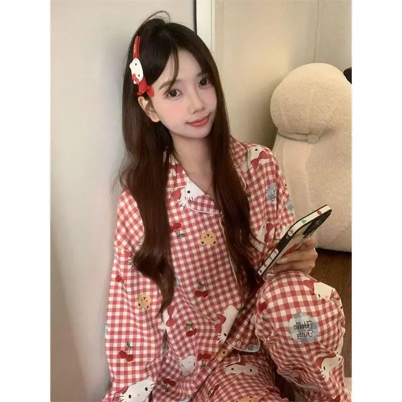 2Pcs 애니메이션 헬로 키티 여성 잠옷 봄 가을 세트 카와이 나이트 가운 만화 탑 바지 아름다운 소녀의 홈 의류 선물