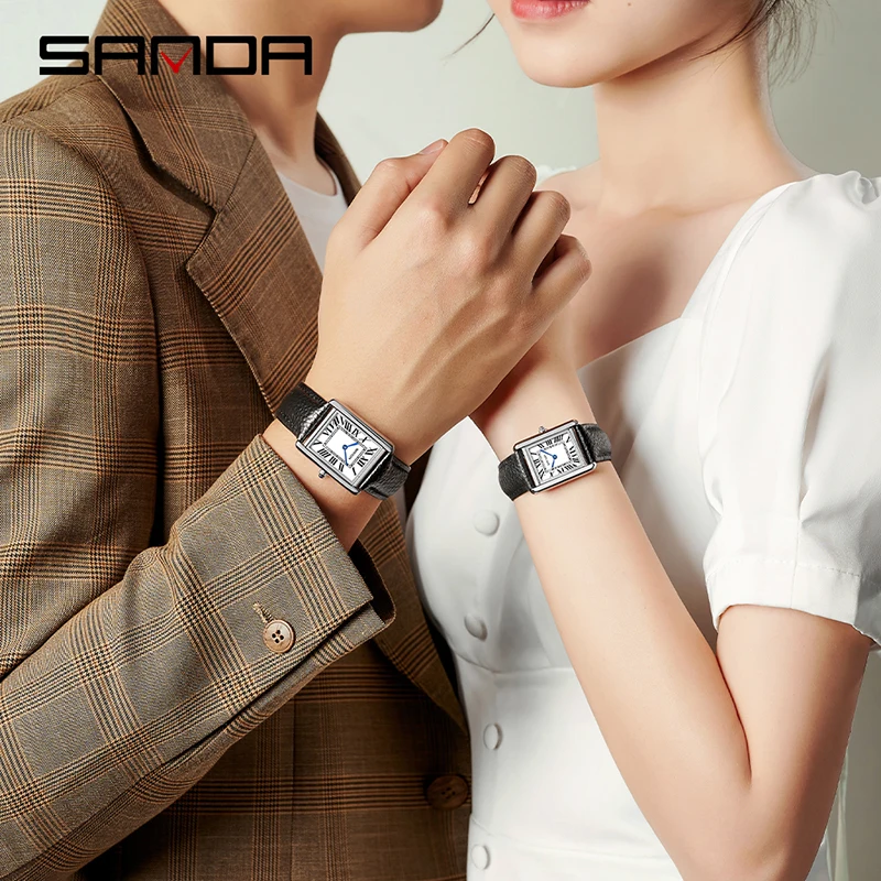 Sanda Couple Mini Watch Waterproof Casual Fashion Luxury Women Men Quartz Watches Leather Square Dial Design Reloj