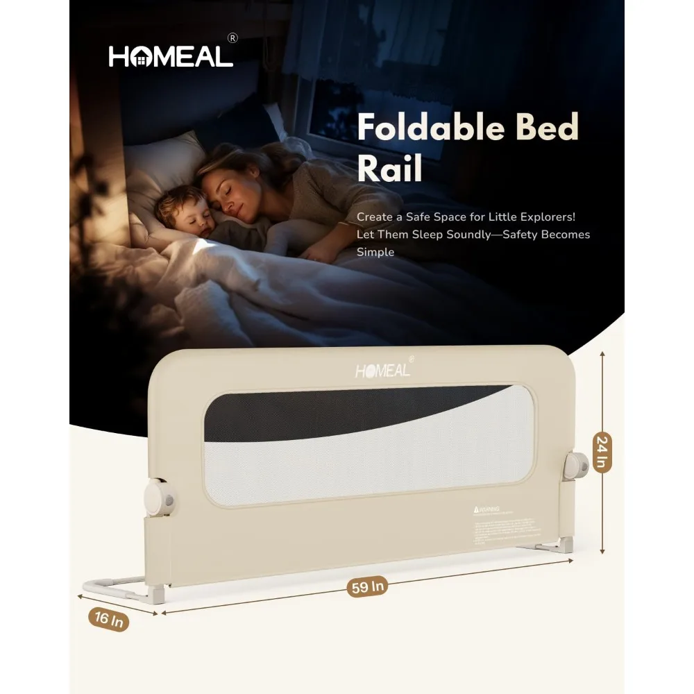 U자형 베이스가 있는 엑스트라 롱 유아용 침대 난간, 트윈부터 킹 사이즈 매트리스까지 사용 가능한 안전 가드, 베이지색, 간편 설치