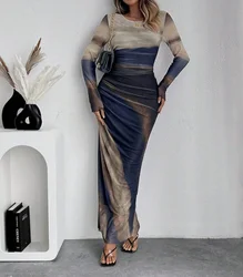 High Waist Dresses for Woman Fashion Printed Sexy Tight Fitting Slit Round Neck Dress Long Sleeves Skirt Streetwear Autumn 2024