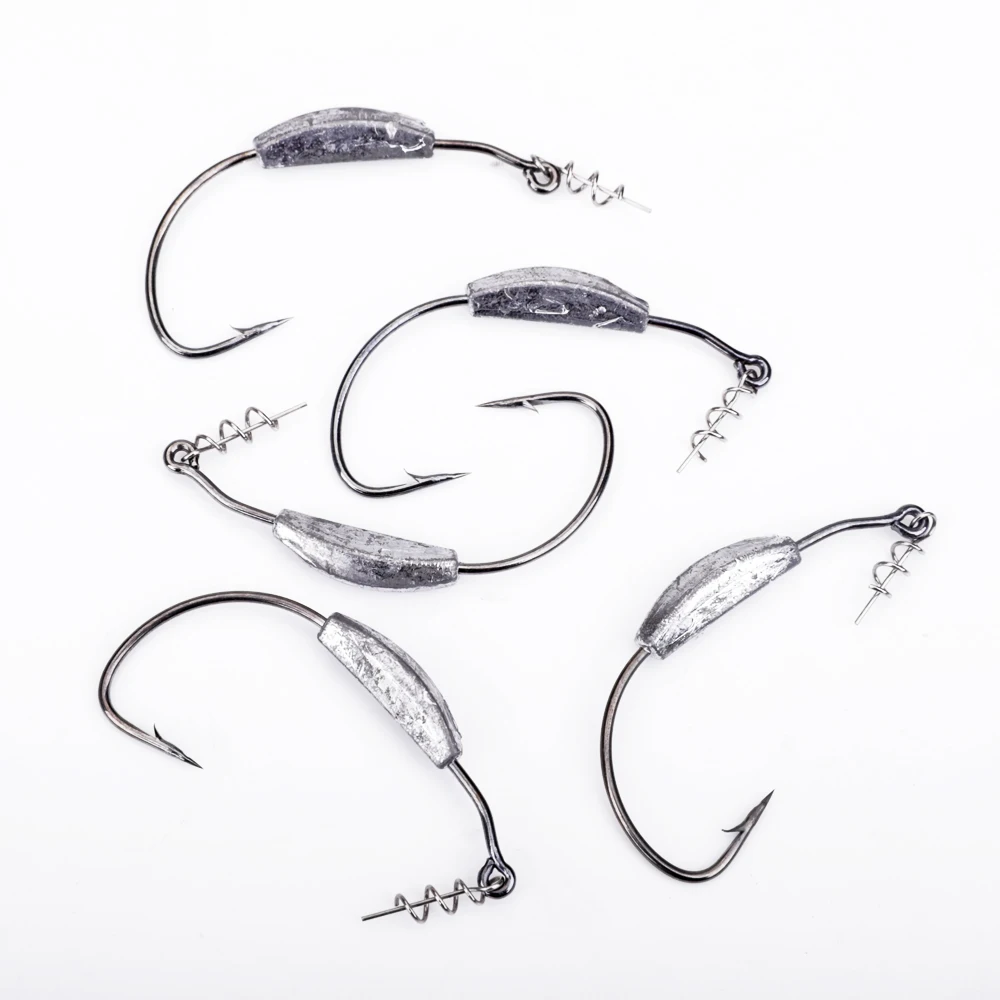 FTK 5Pcs Offset Fishing Hooks Weighted Crank Hook 2g3g4g5g7g Soft Baits Barbed Hook Jig Worm Hook for Texas Rigs Fishing Tackle